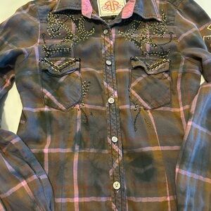 REmbellished Plaid Button-Up Shirt with Stud Detail